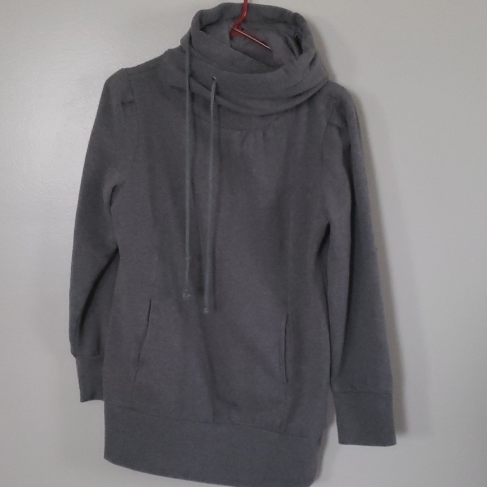 Tunic length sweatshirt with cowl neck